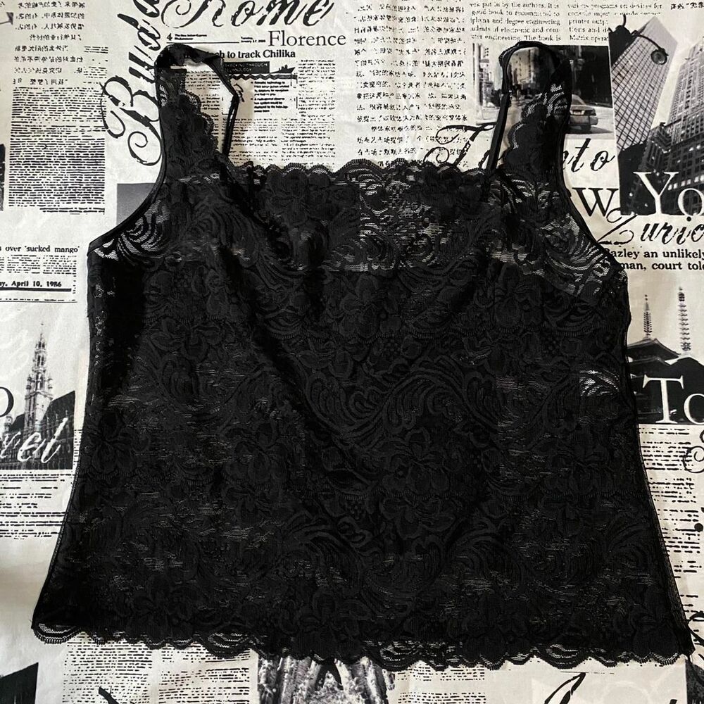 Frederick's of Hollywood Women's black sheer lace camisole pajama top